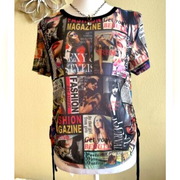 VINTAGE Y2K 90s Photo Print Magazine Collage Mesh Top high fashion retro - Picture 2 of 10